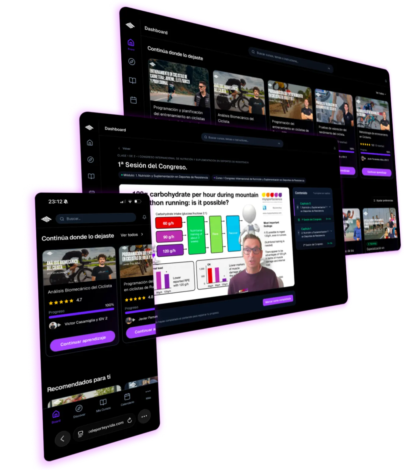 Vista previa de la plataforma IDV: dashboard de cursos con progreso, rutas de aprendizaje y reproductor de vídeo